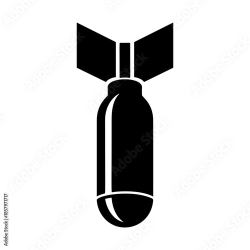 Black and white vector graphic of a stylized, classic falling bomb. Simple, monochrome silhouette design suitable for logo, icon, danger sign, or military themes