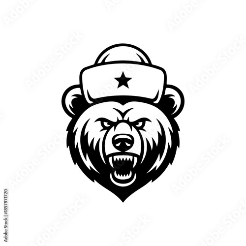 Aggressive bear mascot head, growling, wearing a Soviet/Russian ushanka hat with a star. Black and white vector logo for gaming, eSports, or sport team design.