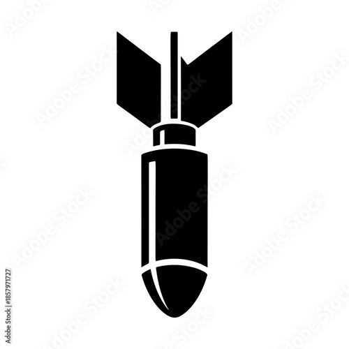 Black and white vector graphic of a stylized, classic falling bomb. Simple, monochrome silhouette design suitable for logo, icon, danger sign, or military themes