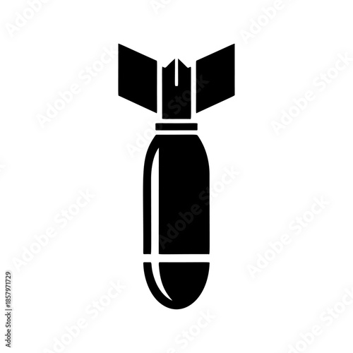 Black and white vector graphic of a stylized, classic falling bomb. Simple, monochrome silhouette design suitable for logo, icon, danger sign, or military themes
