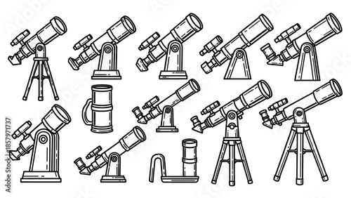 Collection of telescope illustrations in various styles and angles