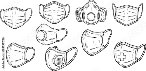  Sketch Medical face mask icon set. isolated on a white background vector.