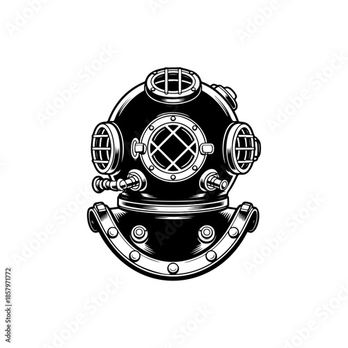 Vintage deep sea diver helmet vector graphic. Retro old school diving gear illustration perfect for maritime logo, adventure icon, or marine exploration themes.