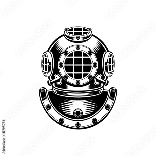 Vintage deep sea diver helmet vector graphic. Retro old school diving gear illustration perfect for maritime logo, adventure icon, or marine exploration themes.