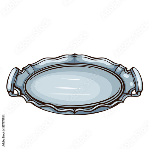 Serving tray with ornate engraved edges and classic metal handles, traditional tableware object in vintage engraving style, detailed retro kitchen element, monochrome line art, vector illustration.