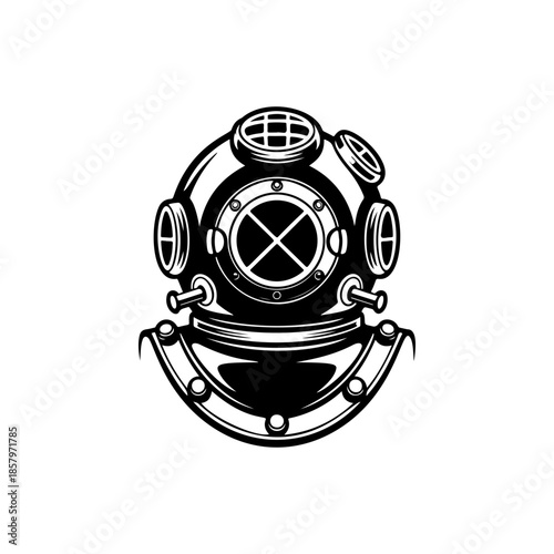 Vintage deep sea diver helmet vector graphic. Retro old school diving gear illustration perfect for maritime logo, adventure icon, or marine exploration themes.