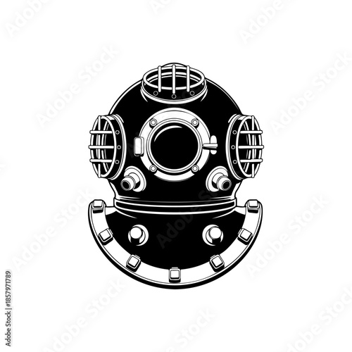 Vintage deep sea diver helmet vector graphic. Retro old school diving gear illustration perfect for maritime logo, adventure icon, or marine exploration themes.