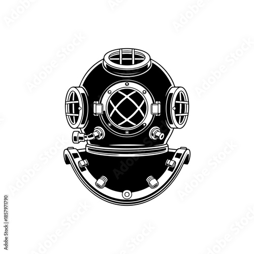 Vintage deep sea diver helmet vector graphic. Retro old school diving gear illustration perfect for maritime logo, adventure icon, or marine exploration themes.