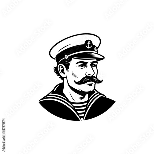 Classic sailor or captain portrait vector, featuring a nautical cap with an anchor and a handlebar mustache. Monochrome maritime mascot logo for vintage naval or sea adventure themes.
