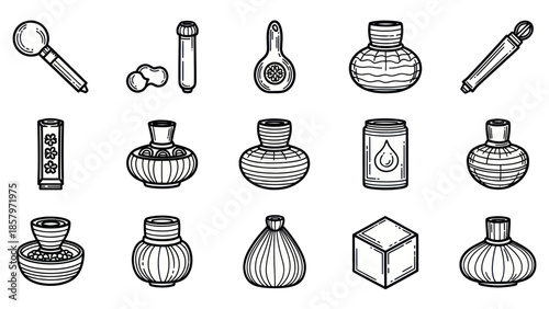 Collection of various decorative bottles and containers in black and white