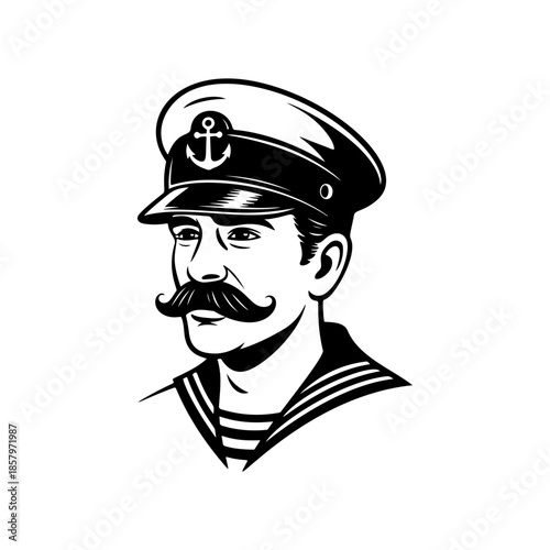 Classic sailor or captain portrait vector, featuring a nautical cap with an anchor and a handlebar mustache. Monochrome maritime mascot logo for vintage naval or sea adventure themes.