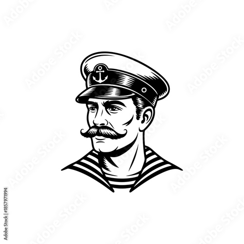 Classic sailor or captain portrait vector, featuring a nautical cap with an anchor and a handlebar mustache. Monochrome maritime mascot logo for vintage naval or sea adventure themes.