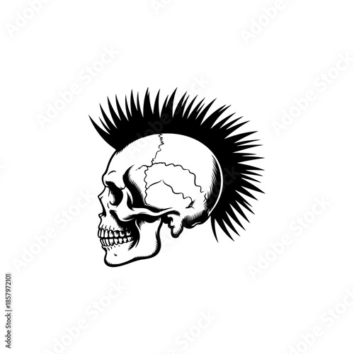 Side profile vector of a skull with a sharp mohawk haircut. Aggressive monochrome design perfect for punk rock band logo, biker tattoo, rebellious spirit, or club emblem.