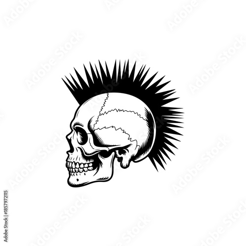 Side profile vector of a skull with a sharp mohawk haircut. Aggressive monochrome design perfect for punk rock band logo, biker tattoo, rebellious spirit, or club emblem.