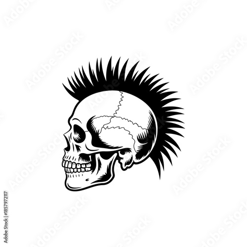 Side profile vector of a skull with a sharp mohawk haircut. Aggressive monochrome design perfect for punk rock band logo, biker tattoo, rebellious spirit, or club emblem.