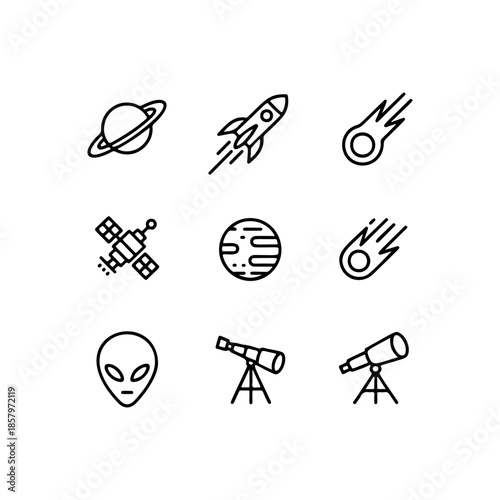 Set of nine space and astronomy outline icons, including planets, satellite, rocket, telescope, alien head, and meteor. Simple vector glyphs for mobile apps or web design.