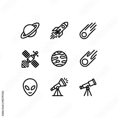 Set of nine space and astronomy outline icons, including planets, satellite, rocket, telescope, alien head, and meteor. Simple vector glyphs for mobile apps or web design.