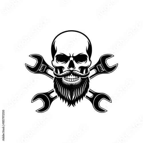 Bearded skull mascot with crossed wrenches (spanners). Monochromatic logo for mechanic shop, garage, auto repair service, biker club, or custom engineering design.