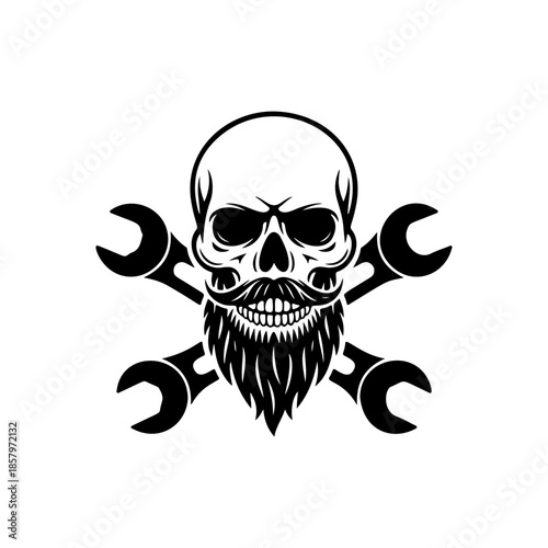 Bearded skull mascot with crossed wrenches (spanners). Monochromatic logo for mechanic shop, garage, auto repair service, biker club, or custom engineering design.