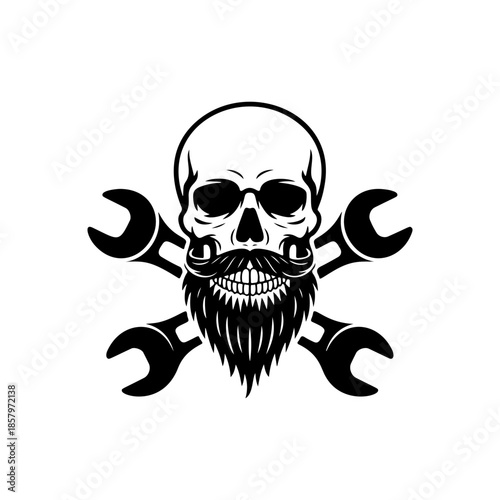 Bearded skull mascot with crossed wrenches (spanners). Monochromatic logo for mechanic shop, garage, auto repair service, biker club, or custom engineering design.