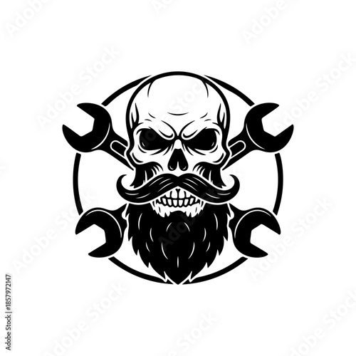 Bearded skull mascot with crossed wrenches (spanners). Monochromatic logo for mechanic shop, garage, auto repair service, biker club, or custom engineering design.