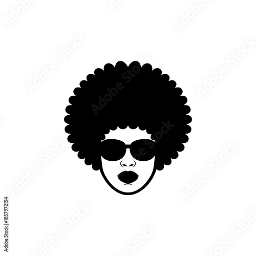 Stylish woman head vector with a large Afro haircut and sunglasses. Monochromatic design perfect for retro 70s/80s themes, fashion, beauty brand, or vintage music logo.