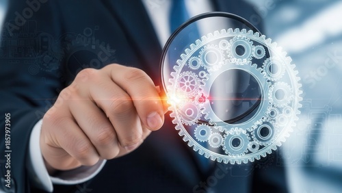 Quality assurance concept, Closeup Businessman Hand holding magnifying glass inspecting virtual product gear, representing defect detection, manufacturing standards, and process control
