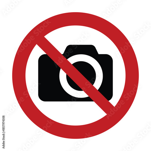 Universal No Photography Prohibitory Symbol with Red Circle Slash and Camera Silhouette for High-Security Zones and Privacy Restricted Areas - Professional Vector Stock Image