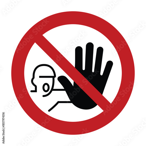 Universal No Unauthorised Entry Prohibitory Symbol with Red Circle Slash and Stop Hand Gesture Icon for Restricted Area Access Control and Security Policy Compliance - High Vectorial Stock Image