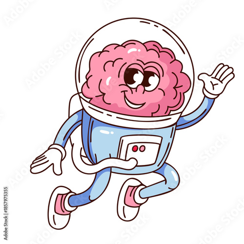 Smiling brain character in spacesuit floating in zero gravity. Cute groovy cartoon doodle style. Outline vector illustration for sticker, space, science, or imagination design.