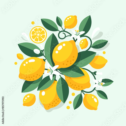 Vibrant Lemon Branch Illustration with Fresh Fruits, Green Leaves & White Blossoms. Stylized Citrus Botanical Design.