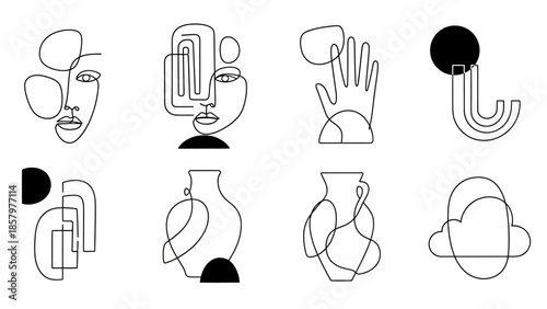 Abstract continuous line art with faces, hands, and vases in a modern style.