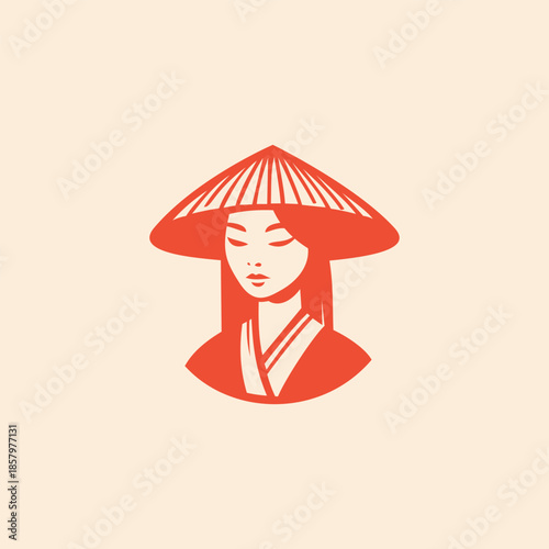 Minimalist vector illustration of traditional Asian woman wearing conical hat and kimono style clothing, calm elegant portrait in flat red color