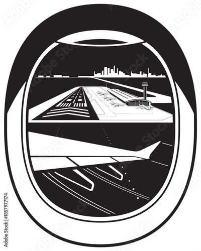 View of the airport from a plane approaching the runway – vector illustration