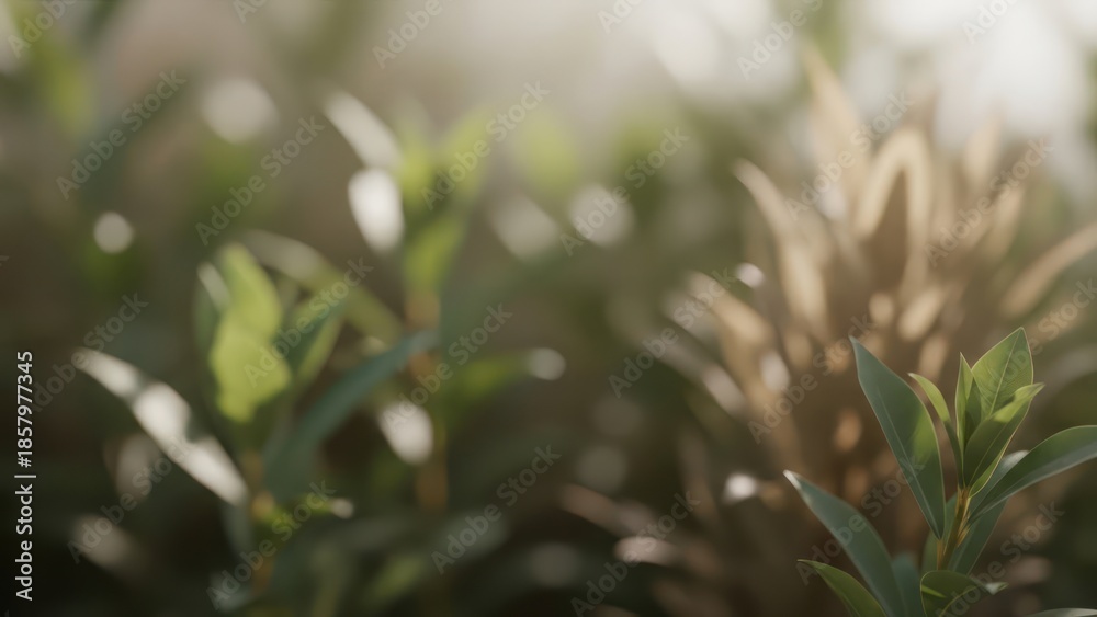 Fototapeta premium Sunlit green leaves and blurred garden fronds in a peaceful outdoor setting.