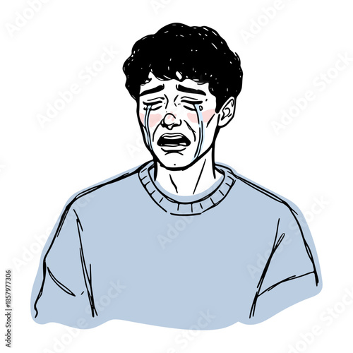 sad young man crying with tears streaming down his face cartoon doodle sketch