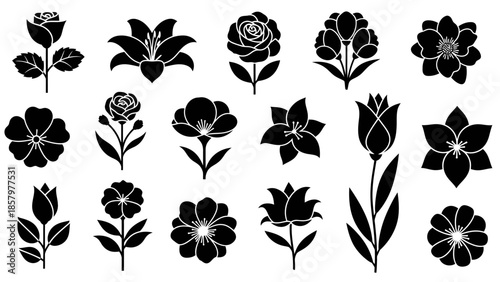 Collection of various black silhouette flower designs on a white background.