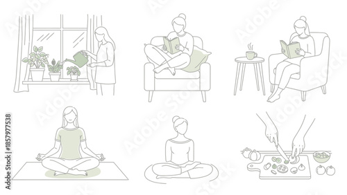 Collection of women engaging in various relaxing and mindful activities at home.