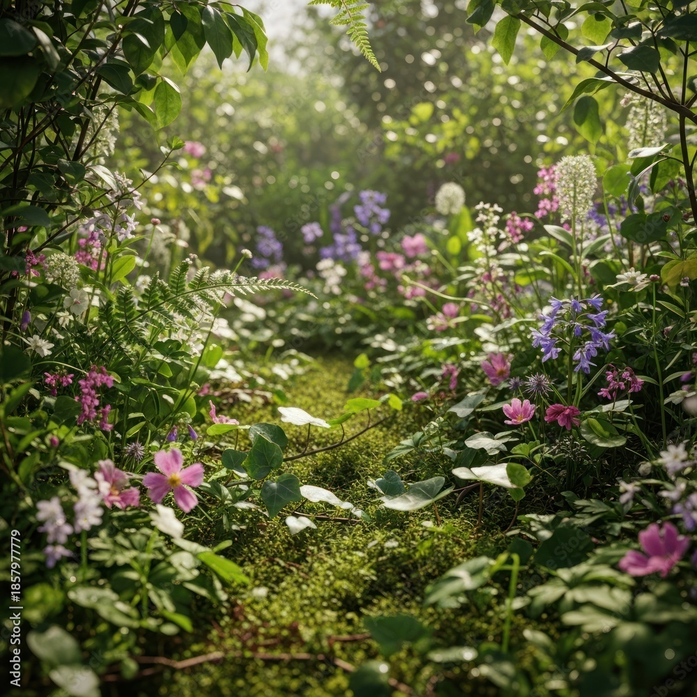 Fototapeta premium Sunlit garden path filled with lush flowers and vibrant greenery in soft afternoon light.