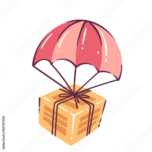 Parachute package delivery with cardboard box descending from sky, air cargo transport, express shipping and logistics concept, ecommerce distribution, cartoon doodle style, vector illustration.