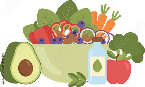 Fresh organic salad bowl with avocado apple and broccoli illustration.