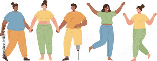A diverse and inclusive group of friends with different body types and abilities.
