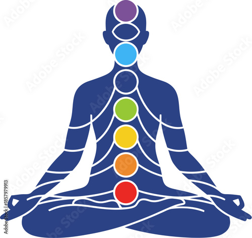 Human body silhouette in lotus pose with colorful chakra system.