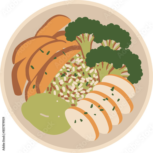 Healthy balanced meal bowl with chicken sweet potato and broccoli.