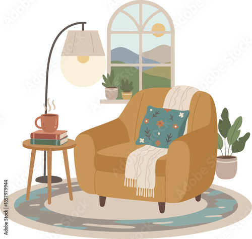 Cozy armchair in a comfortable living room reading nook illustration.