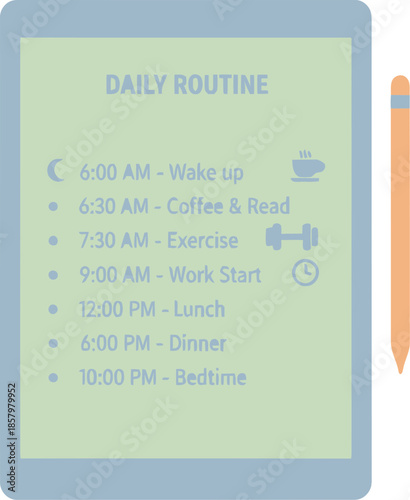 Daily routine schedule planner on a digital tablet with stylus for time management and organization.