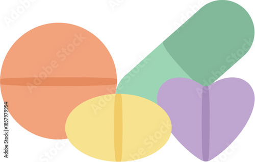 Colorful assortment of various medical pills and capsules vector illustration.