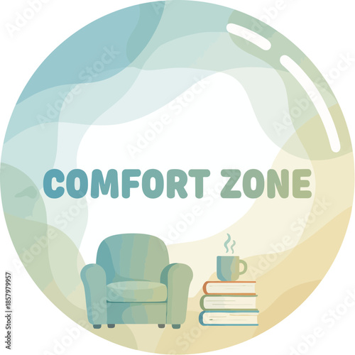 Comfort Zone concept illustrated with a cozy armchair and books.