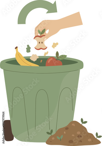 Hand throwing organic food scraps into a green compost bin for recycling.