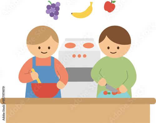 Two cute children happily cooking together in a kitchen illustration.